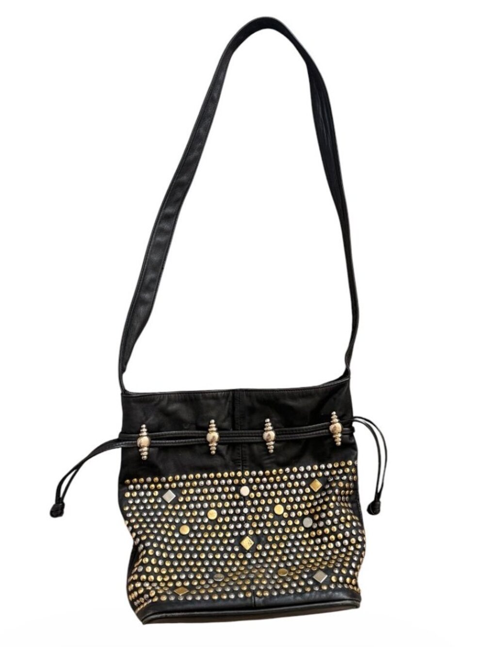 Vintage Y2K studded black leather drawstring crossbody bag grunge